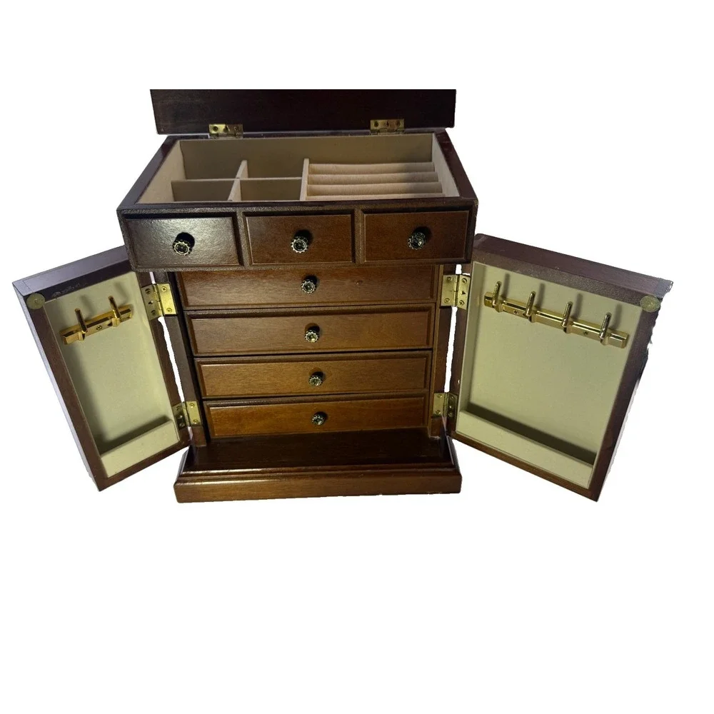 Vintage Wooden Jewelry Armoire Chest Box Taiwan Brass Hardware Multi Drawer 11